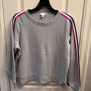 J. Crew gray pullover sweatshirt with navy, white, pink sleeves stripes. Size XL